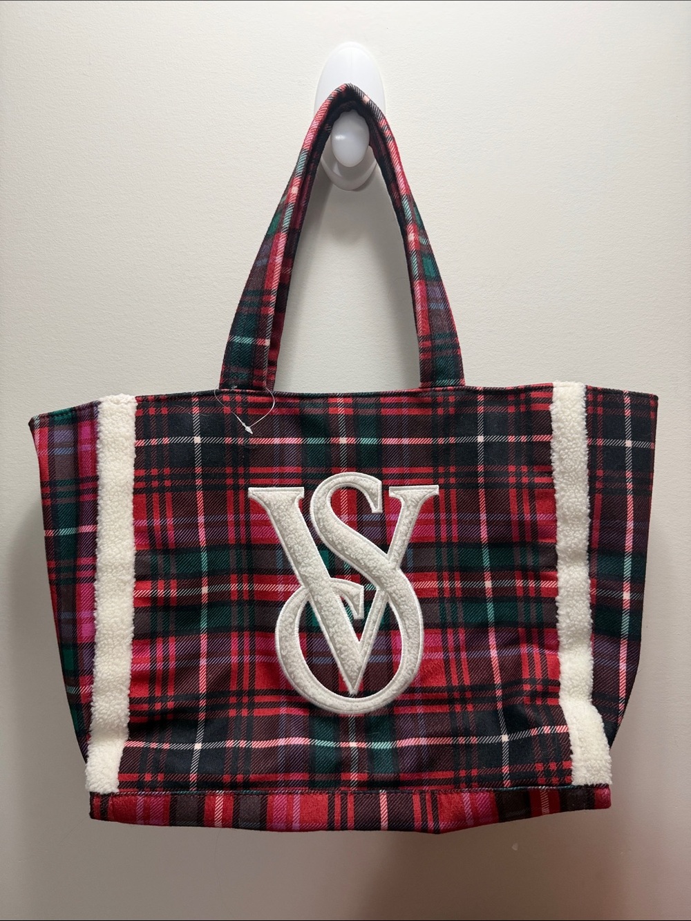 Victoria's Secret Christmas Plaid Tote with Sherpa Trim 12.5x21